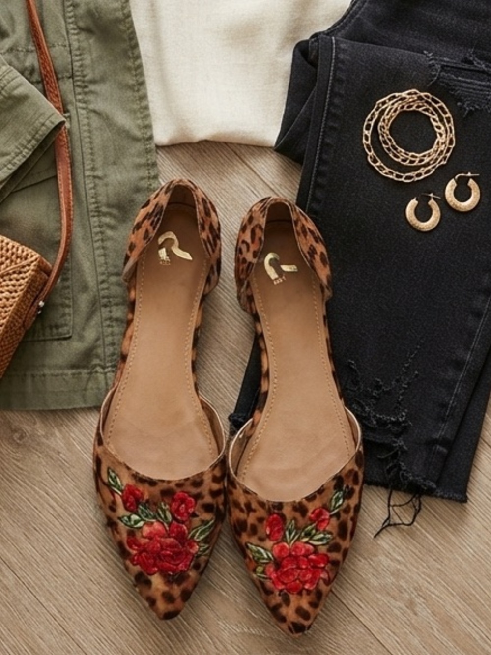 Report “Sycamore “ Leopard Print Pointed Flats with Red Floral Embroidery